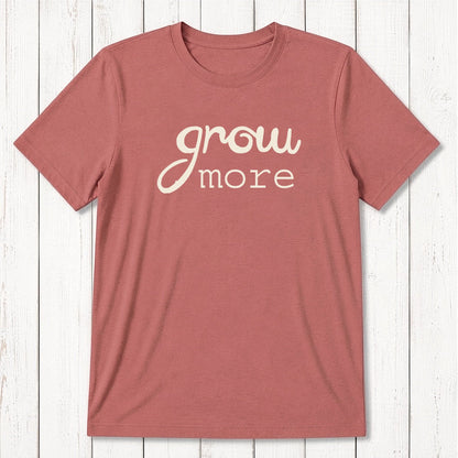 Rust red 'Grow More' men's bamboo and organic cotton T-shirt, classic fit graphic tee for gardening and plant enthusiasts.
