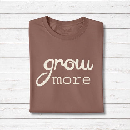Light brown 'Grow More' men's gardening T-shirt in bamboo and organic cotton, sustainable and soft tee for plant lovers.
