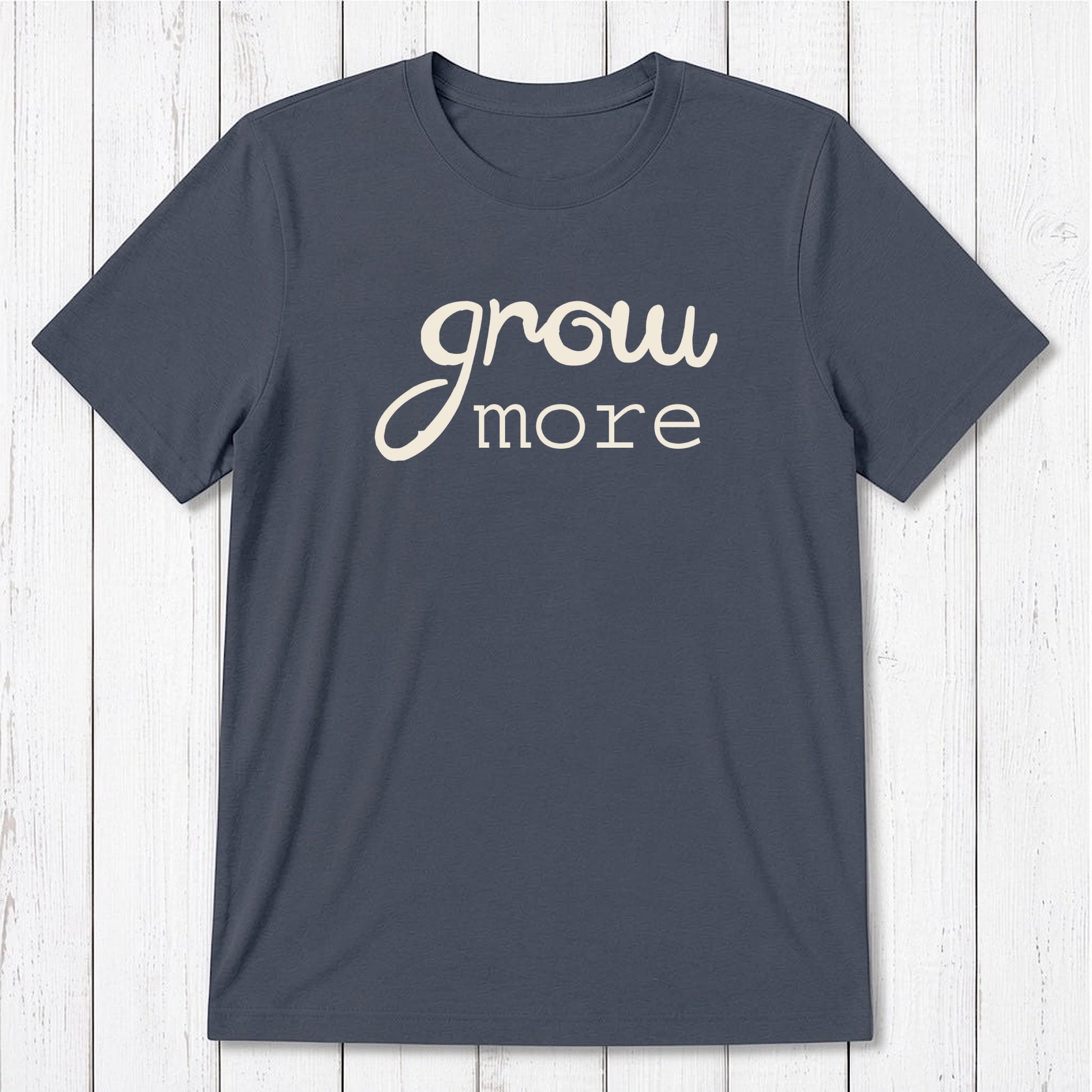 Navy blue 'Grow More' men's bamboo and organic cotton T-shirt, eco-friendly classic fit tee for gardening lovers by Uni-T.