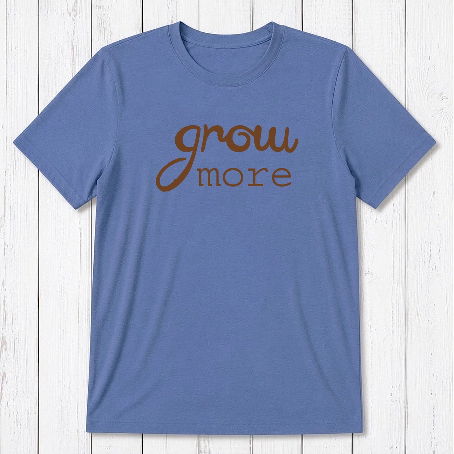 Ocean blue 'Grow More' men's gardening T-shirt made from bamboo and organic cotton, breathable and sustainable gift for plant lovers.