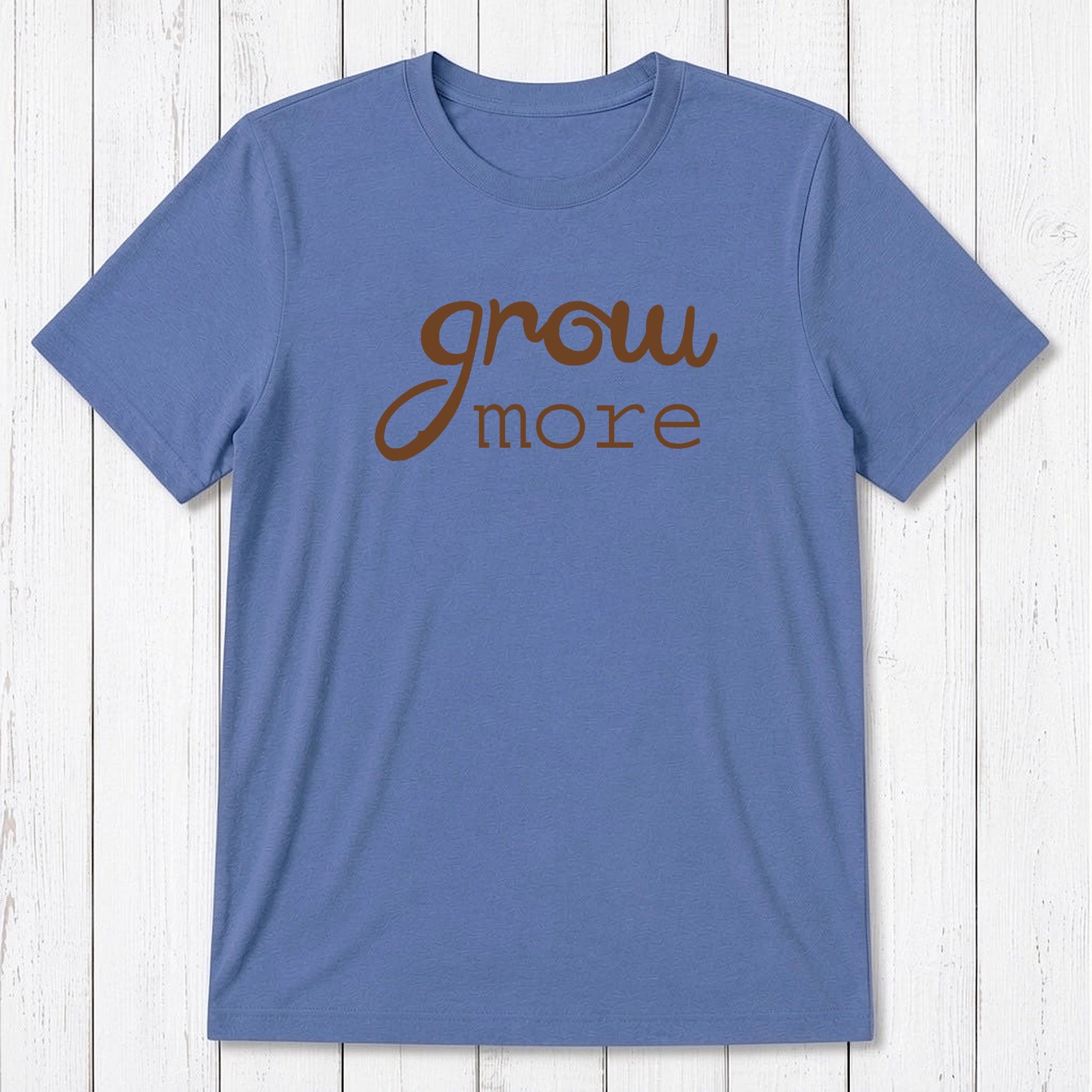Ocean blue 'Grow More' men's gardening T-shirt made from bamboo and organic cotton, breathable and sustainable gift for plant lovers.