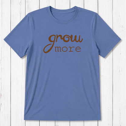 Ocean blue 'Grow More' men's gardening T-shirt made from bamboo and organic cotton, breathable and sustainable gift for plant lovers.