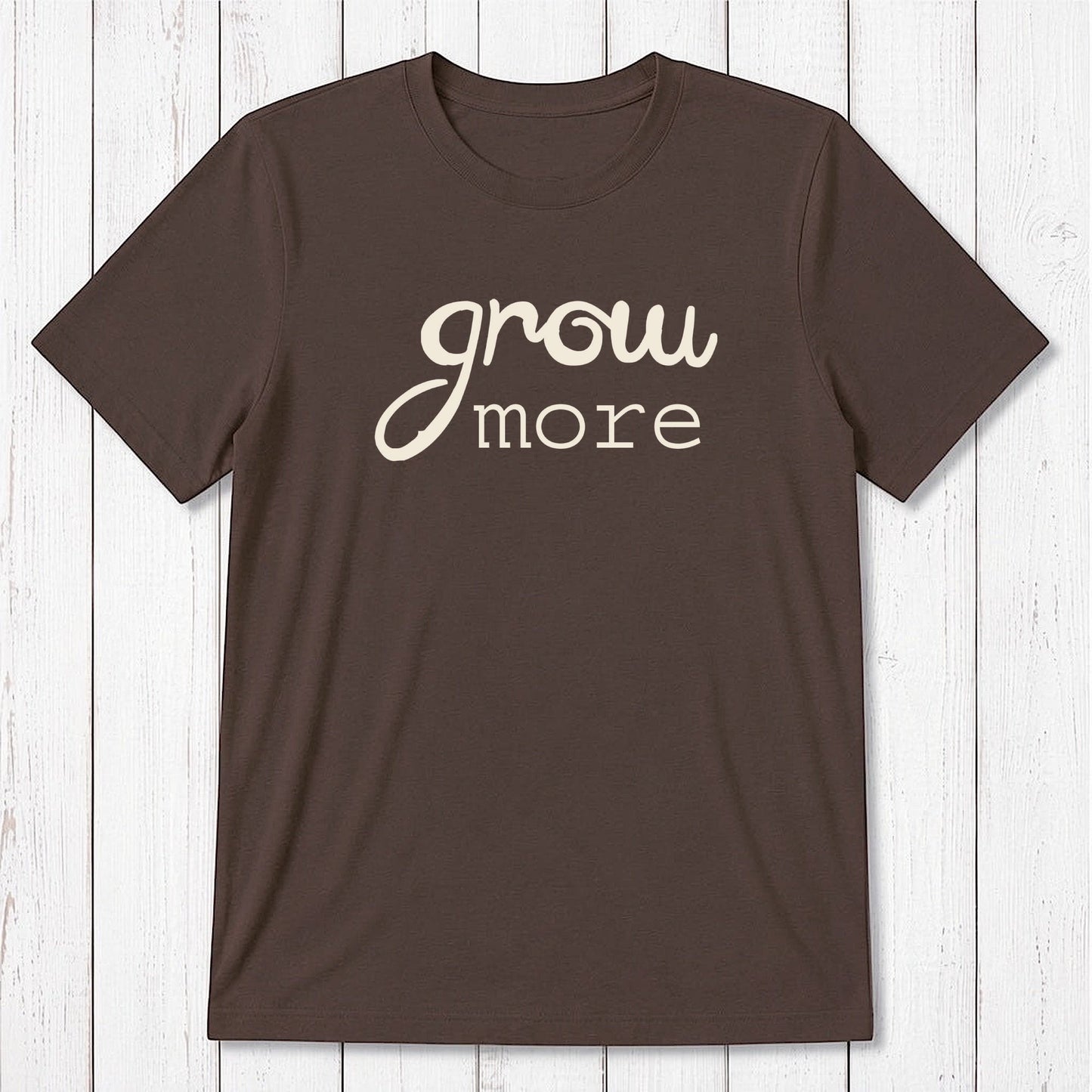 Dark brown 'Grow More' men's bamboo and organic cotton T-shirt, eco-conscious classic fit tee for gardening and plant enthusiasts.