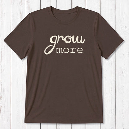 Dark brown 'Grow More' men's bamboo and organic cotton T-shirt, eco-conscious classic fit tee for gardening and plant enthusiasts.