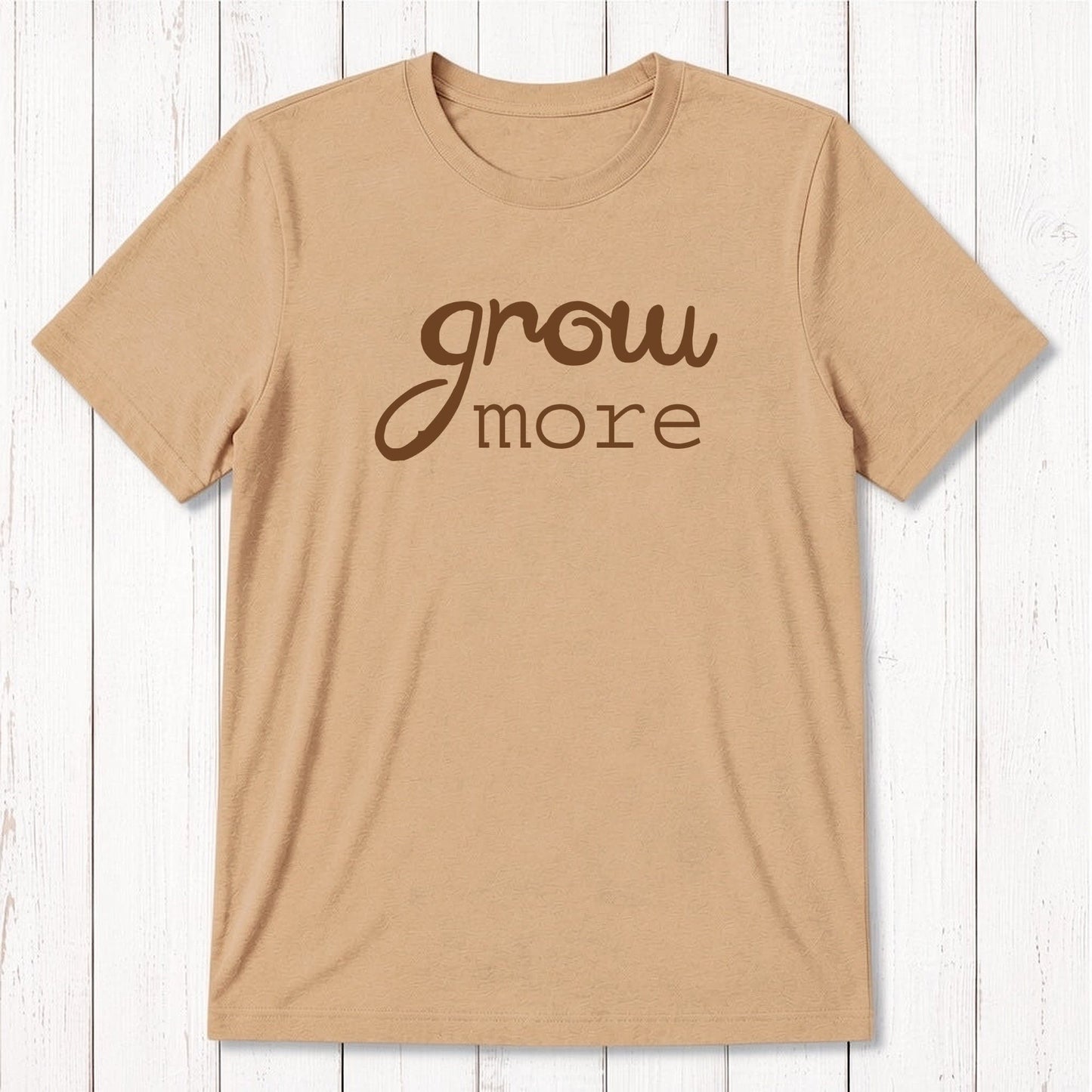Mustard yellow 'Grow More' men's gardening T-shirt in bamboo and organic cotton, soft and sustainable tee for plant lovers by Uni-T.