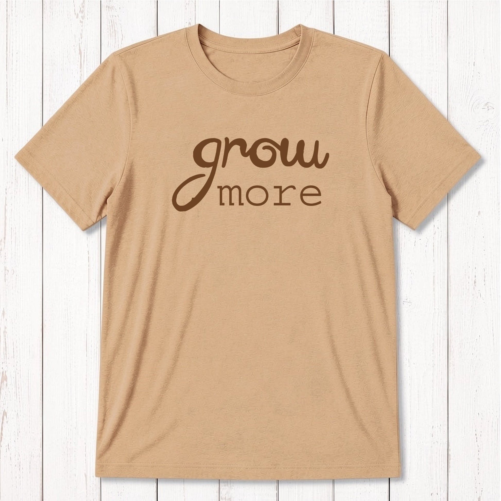 Mustard yellow 'Grow More' men's gardening T-shirt in bamboo and organic cotton, soft and sustainable tee for plant lovers by Uni-T.