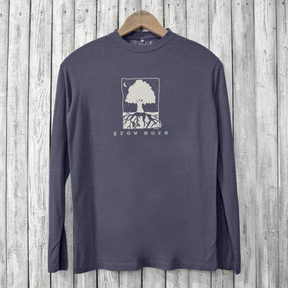 Eco-friendly bamboo long sleeve T-shirt for men in charcoal gray with 'Grow More' tree and roots graphic, ideal for sustainable fashion lovers.