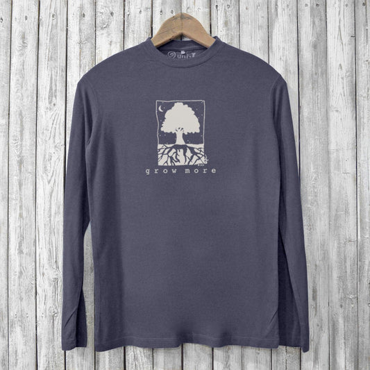 Eco-friendly bamboo long sleeve T-shirt for men in charcoal gray with 'Grow More' tree and roots graphic, ideal for sustainable fashion lovers.