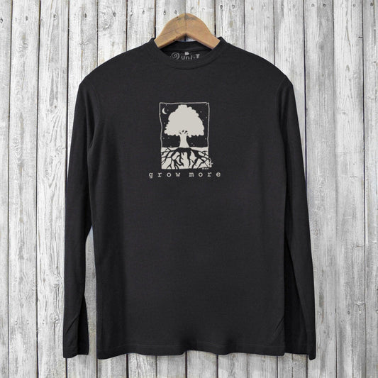 Black bamboo and organic cotton men's long sleeve shirt featuring 'Grow More' nature-inspired design, perfect for eco-conscious wardrobes.