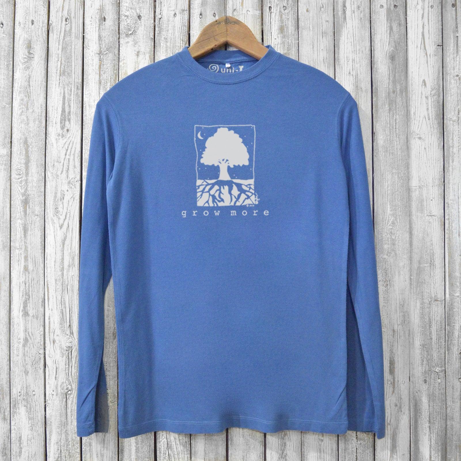 Blue sustainable long sleeve T-shirt for men made from bamboo and organic cotton, showcasing 'Grow More' tree graphic for nature enthusiasts.