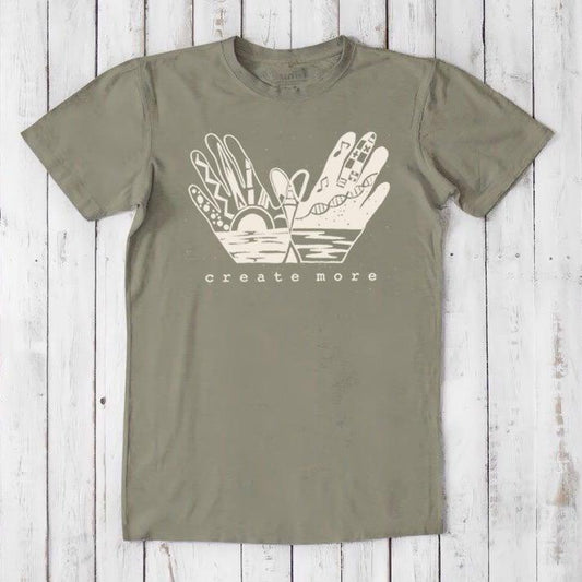 Olive green Men's Hand Art T-Shirt in Bamboo & Organic Cotton with cream 'Create More' graphic. Sustainable gift tee for creative men.