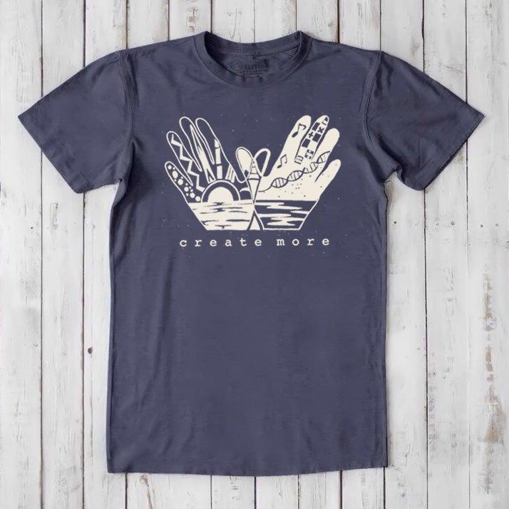 Navy blue Men's Hand Art T-Shirt in Bamboo & Organic Cotton with cream 'Create More' design. Creative classic fit tee for men.