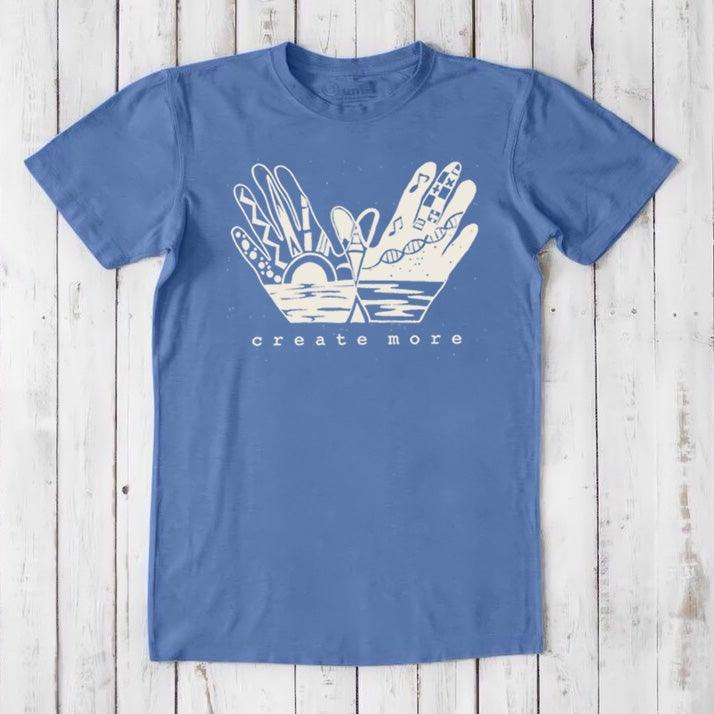 Royal blue Men's Hand Art T-Shirt in Bamboo & Organic Cotton with white 'Create More' graphic. Artistic and sustainable fashion tee.
