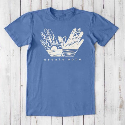 Royal blue Men's Hand Art T-Shirt in Bamboo & Organic Cotton with white 'Create More' graphic. Artistic and sustainable fashion tee.