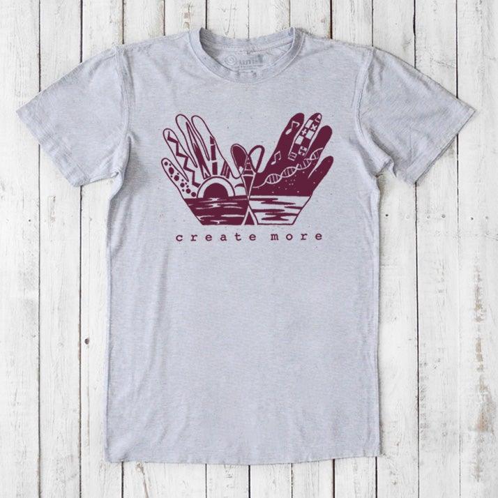 Heather gray Men's Hand Art T-Shirt in Bamboo & Organic Cotton with maroon 'Create More' print. Ideal eco-conscious gift for creatives.