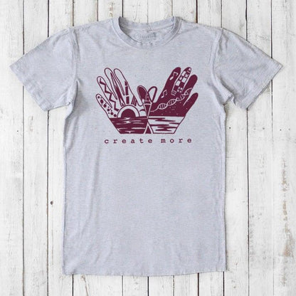 Heather gray Men's Hand Art T-Shirt in Bamboo & Organic Cotton with maroon 'Create More' print. Ideal eco-conscious gift for creatives.