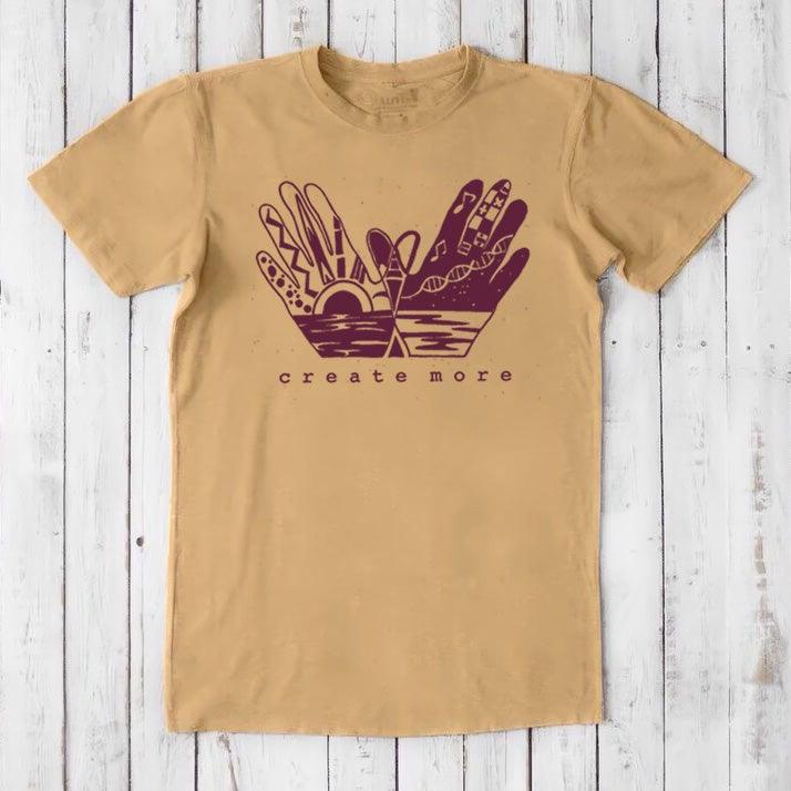 Tan Men's Hand Art T-Shirt in Bamboo & Organic Cotton with maroon 'Create More' design. Classic fit tee for creative men.