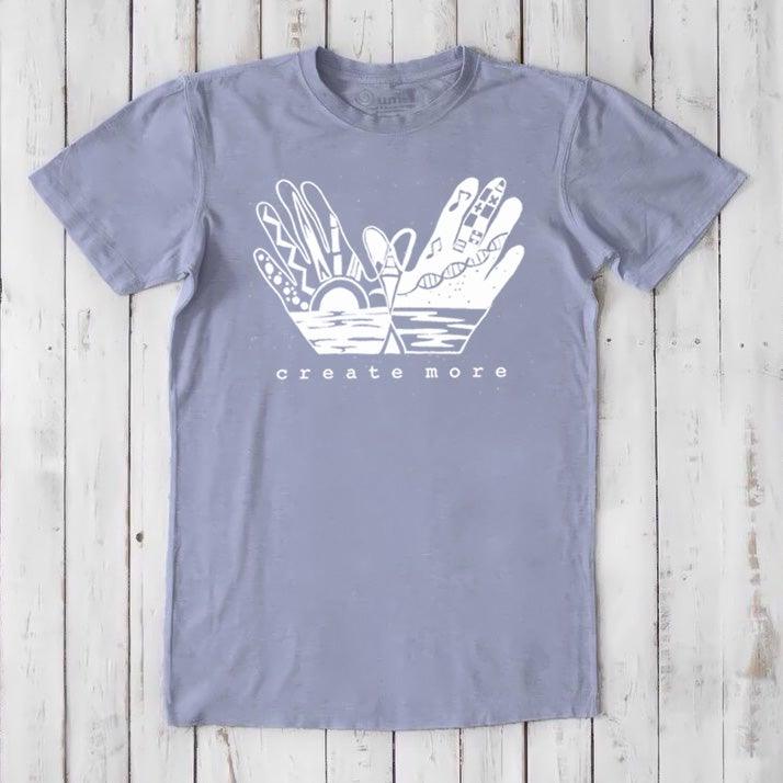 Lavender Men's Hand Art T-Shirt in Bamboo & Organic Cotton with white 'Create More' design. Soft, sustainable tee for creators.