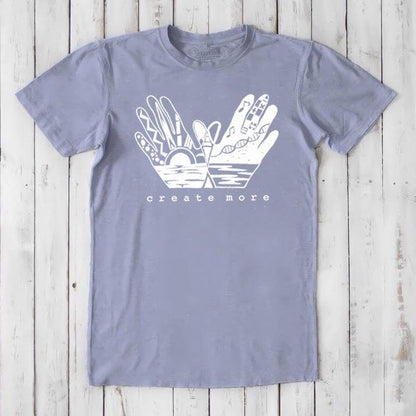 Lavender Men's Hand Art T-Shirt in Bamboo & Organic Cotton with white 'Create More' design. Soft, sustainable tee for creators.