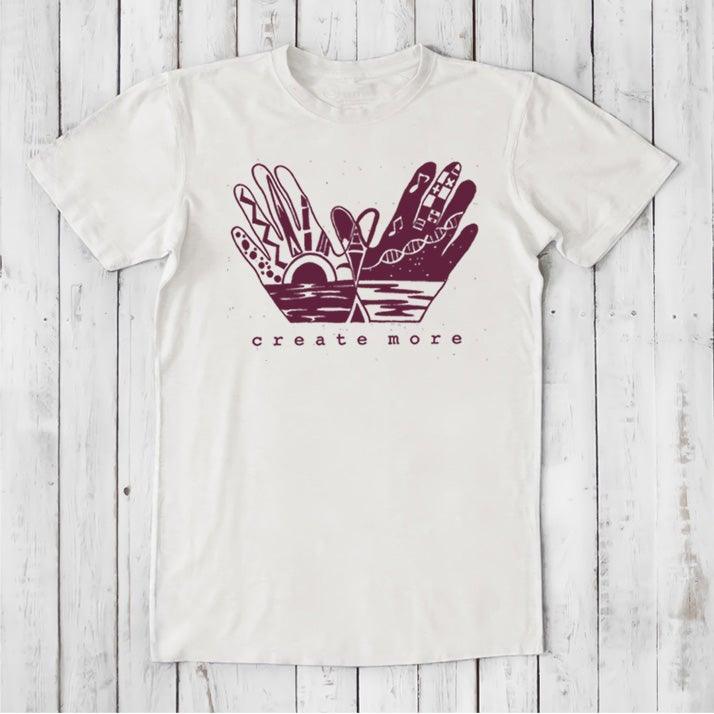 White Men's Hand Art T-Shirt in Bamboo & Organic Cotton with maroon 'Create More' graphic. Ideal gift for artistic men.