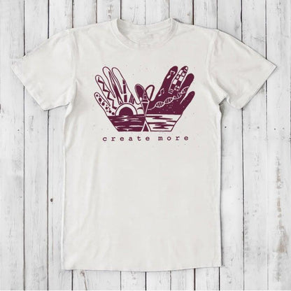 White Men's Hand Art T-Shirt in Bamboo & Organic Cotton with maroon 'Create More' graphic. Ideal gift for artistic men.