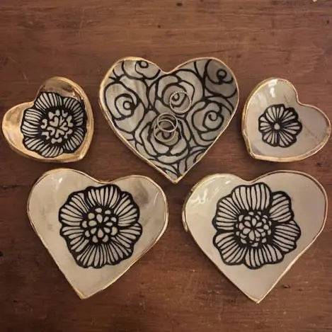 Handmade Heart-Shaped Floral & Gold Catchall Jewelry Dish Hsieh Clay SF
