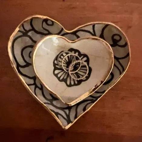 Handmade Heart-Shaped Floral & Gold Catchall Jewelry Dish Hsieh Clay SF