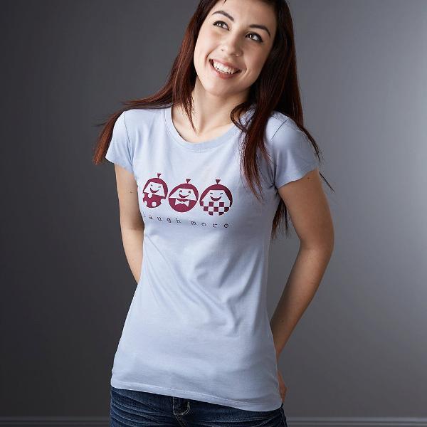 Women's Happy T-Shirt in Bamboo & Organic Cotton featuring 'Laugh More' quote and red cartoon faces. Soft eco-friendly tee for positive vibes.