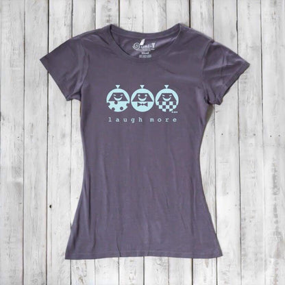 Charcoal gray Women's Organic Cotton T-Shirt with light blue 'Laugh More' print. Eco-conscious and uplifting graphic tee.