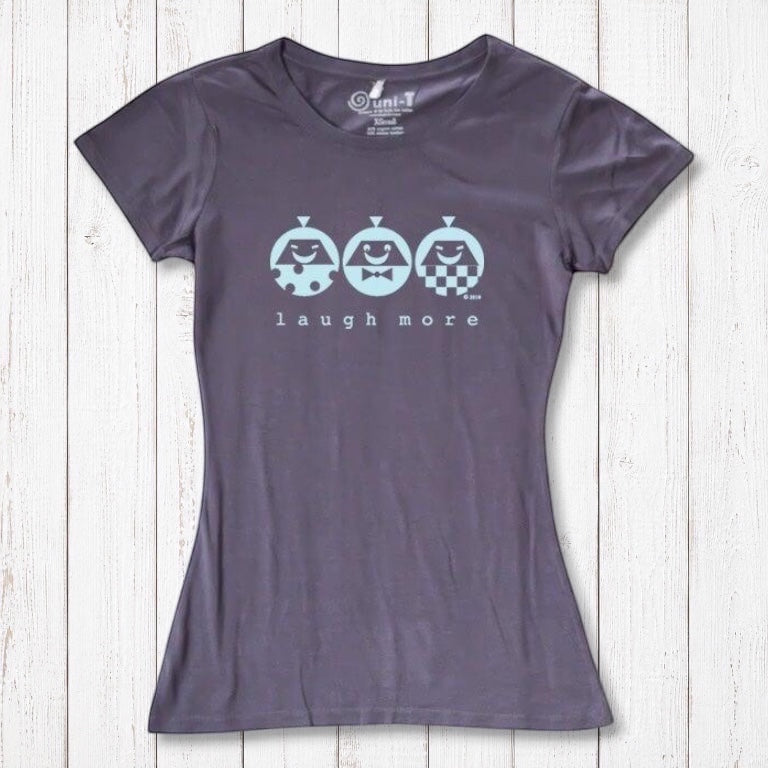 Charcoal gray Women's Organic Cotton T-Shirt with light blue 'Laugh More' print. Eco-conscious and uplifting graphic tee.