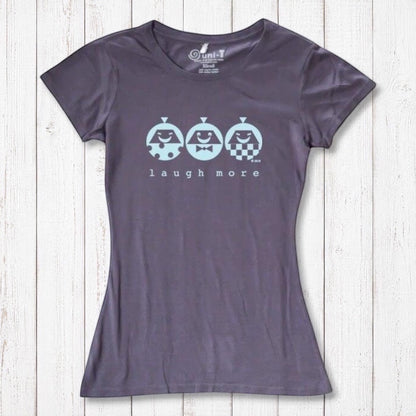 Charcoal gray Women's Organic Cotton T-Shirt with light blue 'Laugh More' print. Eco-conscious and uplifting graphic tee.