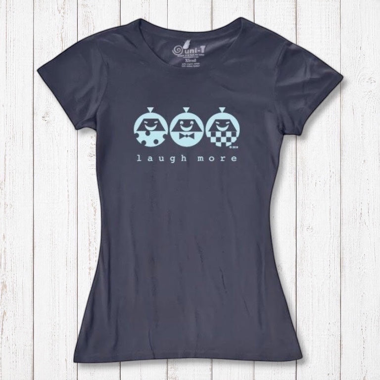 Navy blue Women's Bamboo & Organic Cotton T-Shirt with blue 'Laugh More' cartoon design. Positive message tee for casual wear.