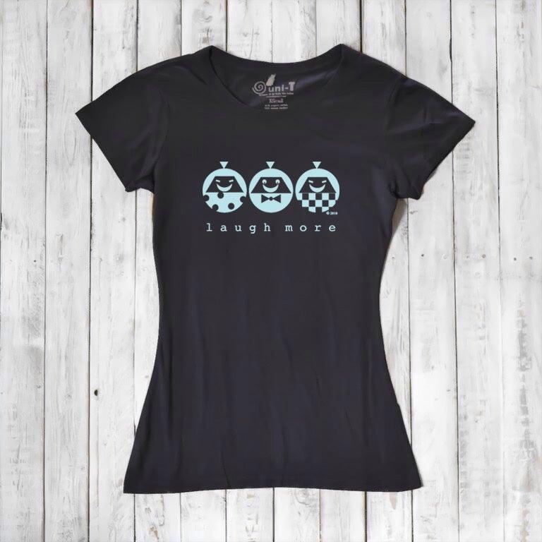 Black Women's Happy T-Shirt made from Bamboo & Organic Cotton with blue 'Laugh More' graphic. Fun and sustainable fashion choice.