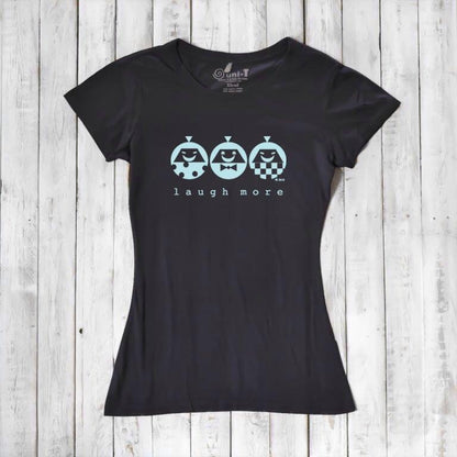 Black Women's Happy T-Shirt made from Bamboo & Organic Cotton with blue 'Laugh More' graphic. Fun and sustainable fashion choice.