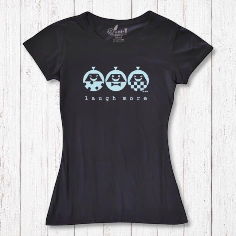 Black Women's Happy T-Shirt made from Bamboo & Organic Cotton with blue 'Laugh More' graphic. Fun and sustainable fashion choice.
