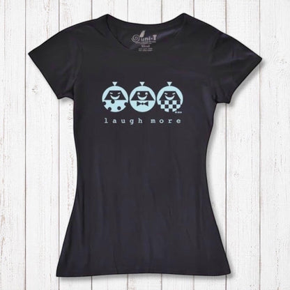 Black Women's Happy T-Shirt made from Bamboo & Organic Cotton with blue 'Laugh More' graphic. Fun and sustainable fashion choice.