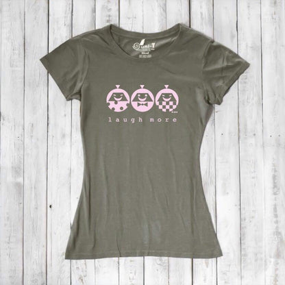 Olive green Women's Graphic Tee in Bamboo & Organic Cotton with pink 'Laugh More' print. Eco-friendly and cheerful gift idea.