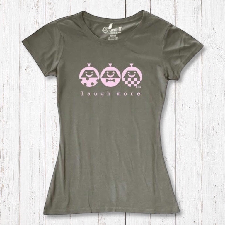 Olive green Women's Graphic Tee in Bamboo & Organic Cotton with pink 'Laugh More' print. Eco-friendly and cheerful gift idea.