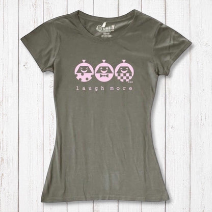 Olive green Women's Graphic Tee in Bamboo & Organic Cotton with pink 'Laugh More' print. Eco-friendly and cheerful gift idea.