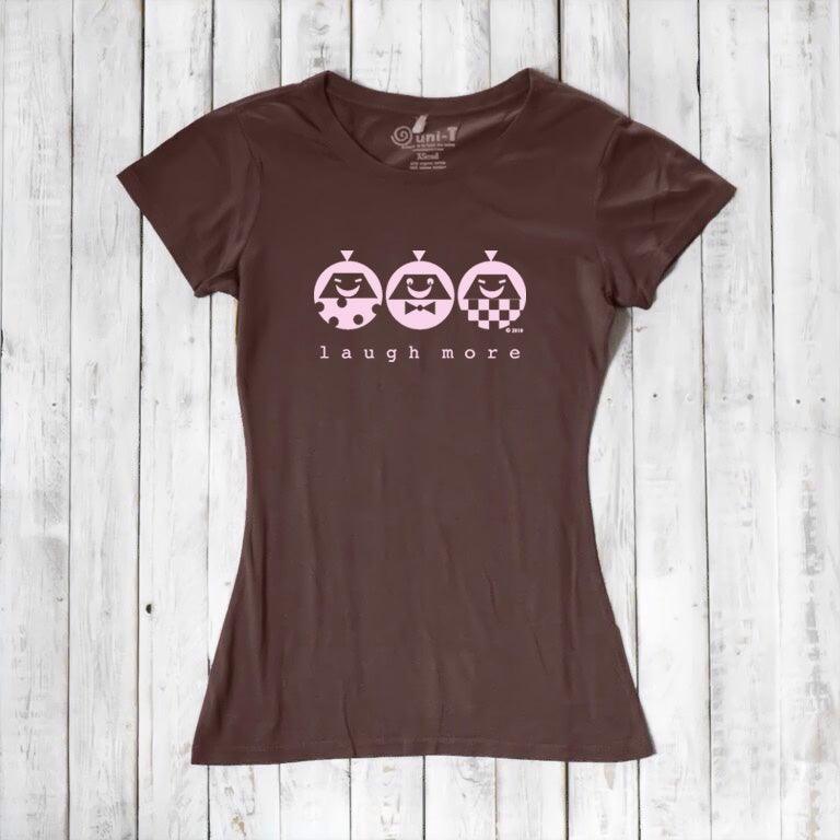 Brown Women's Bamboo & Organic Cotton T-Shirt with pink 'Laugh More' graphic. Positive vibe tee for eco-conscious wardrobes.