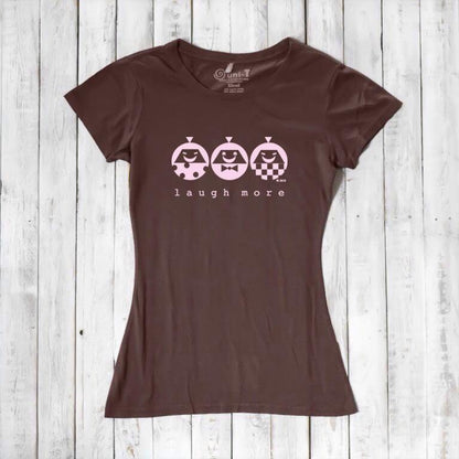 Brown Women's Bamboo & Organic Cotton T-Shirt with pink 'Laugh More' graphic. Positive vibe tee for eco-conscious wardrobes.
