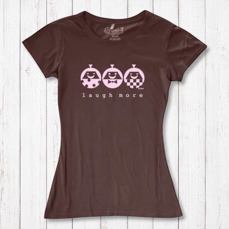 Brown Women's Bamboo & Organic Cotton T-Shirt with pink 'Laugh More' graphic. Positive vibe tee for eco-conscious wardrobes.