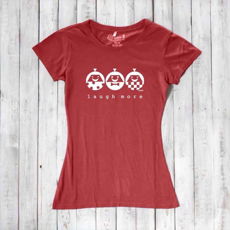 Red Women's Bamboo & Organic Cotton T-Shirt with white 'Laugh More' cartoon print. Funny and sustainable graphic tee for women.