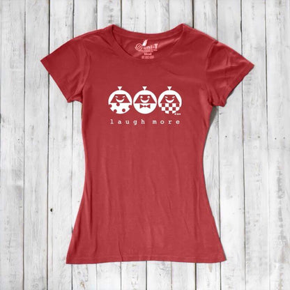 Red Women's Bamboo & Organic Cotton T-Shirt with white 'Laugh More' cartoon print. Funny and sustainable graphic tee for women.