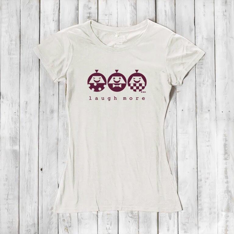 Cream Women's Happy T-Shirt in Bamboo & Organic Cotton with maroon 'Laugh More' design. Inspirational and soft eco-friendly top.