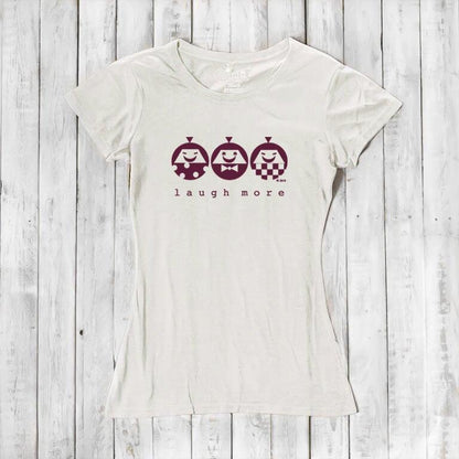 Cream Women's Happy T-Shirt in Bamboo & Organic Cotton with maroon 'Laugh More' design. Inspirational and soft eco-friendly top.