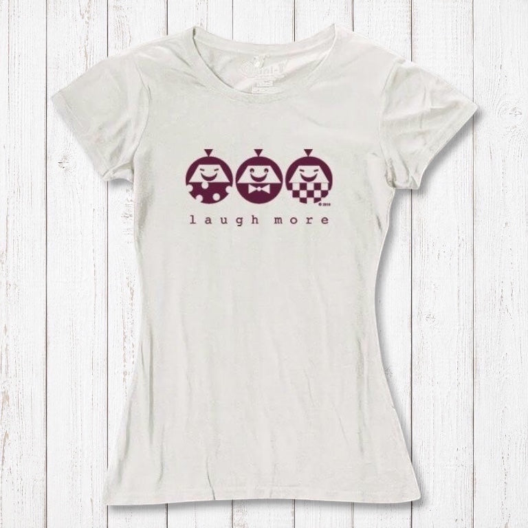 Cream Women's Happy T-Shirt in Bamboo & Organic Cotton with maroon 'Laugh More' design. Inspirational and soft eco-friendly top.