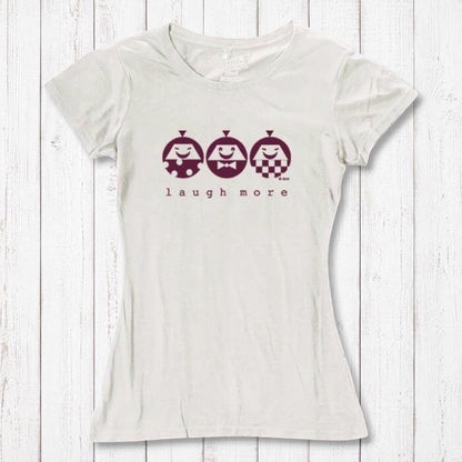 Cream Women's Happy T-Shirt in Bamboo & Organic Cotton with maroon 'Laugh More' design. Inspirational and soft eco-friendly top.