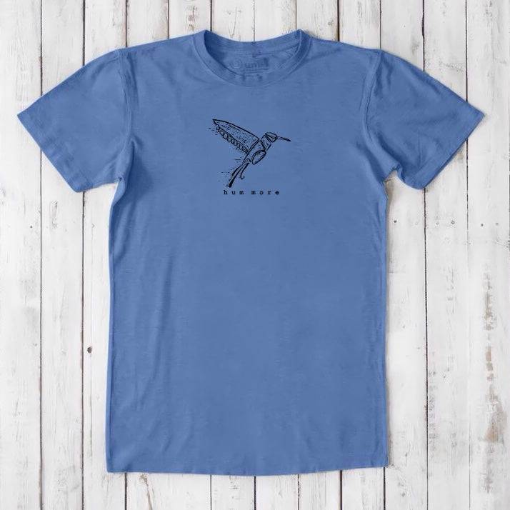 Men's Hummingbird T-Shirt in Bamboo & Organic Cotton, denim blue with black hummingbird art and 'hum more' slogan, bird watcher gift idea.