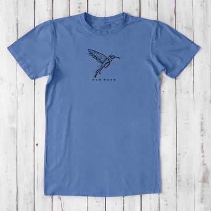 Men's Hummingbird T-Shirt in Bamboo & Organic Cotton, denim blue with black hummingbird art and 'hum more' slogan, bird watcher gift idea.